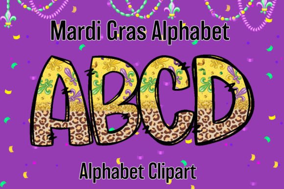 Mardi Gras Doodle Letters Yellow Leopard Alphabet Clipart