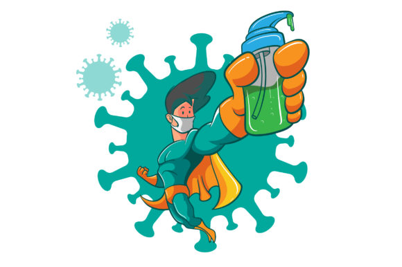 Superhero with Sanitizer Illustration: A Modern Graphic Asset